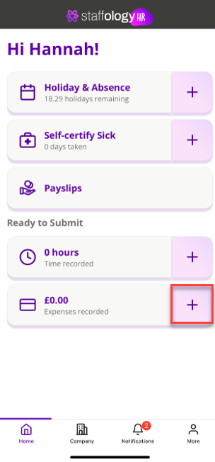 The plus icon to create an expense on the Home screen. 