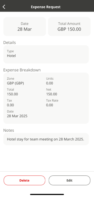 The Expense Request screen where you can edit or delete an expense. 