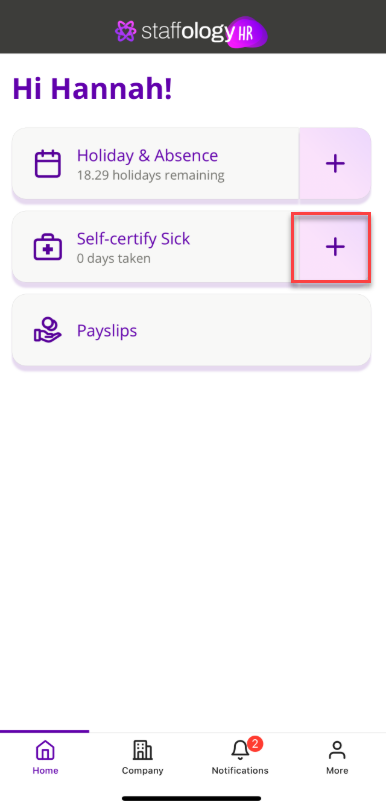 The plus icon to create a self-certify sickness. 