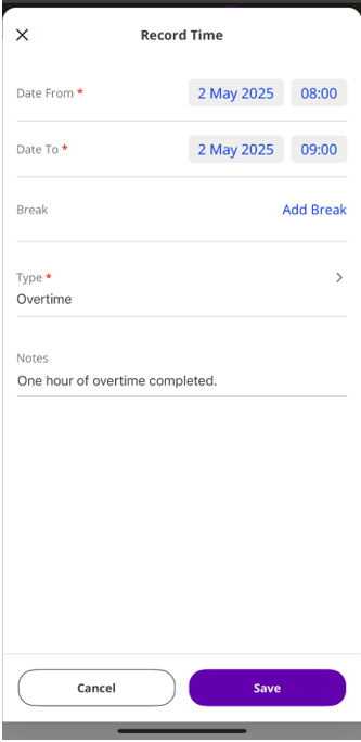 The Record Time screen fields. 