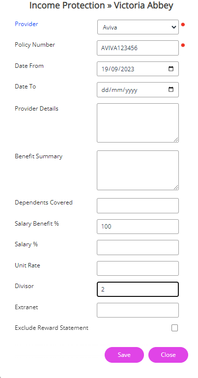 Fields on the Income Protection form 