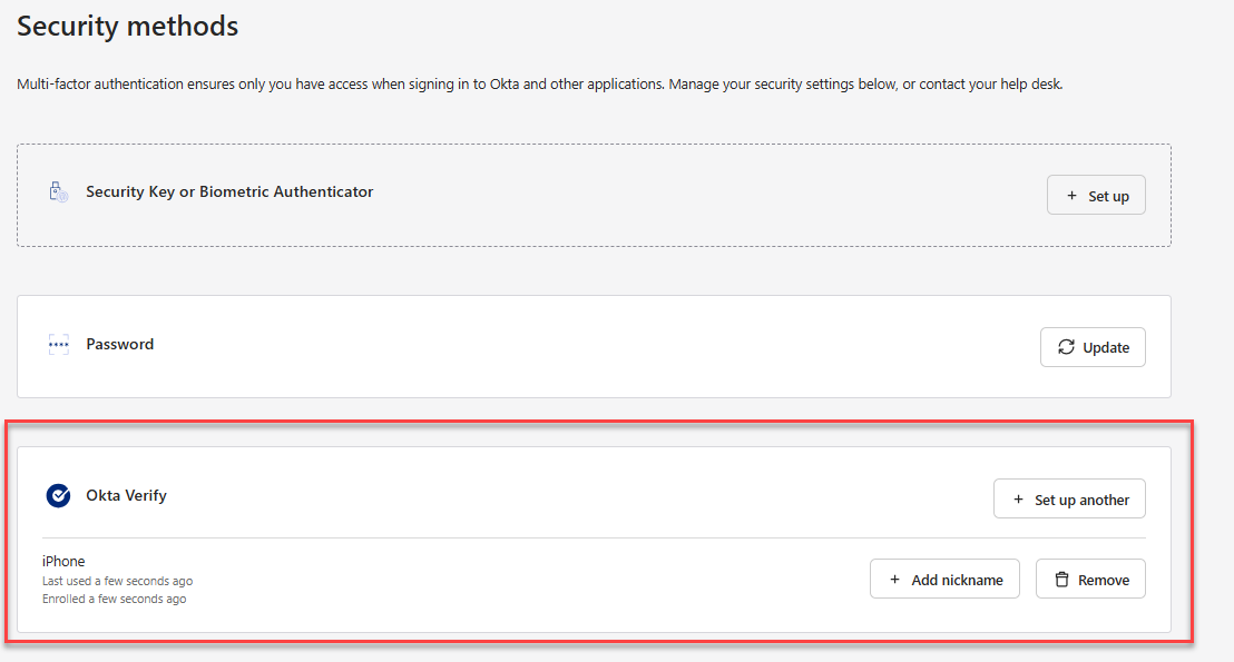 The Okta Verify option shown as active on the Security methods screen. 