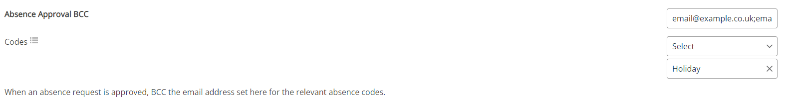 The Absence Approval BCC field in System Configuration. 