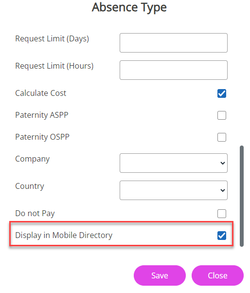 The Absence Type screen fields. 