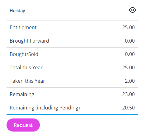The Holidays table in the Absences tab showing the details of an employee's holiday allowance.
