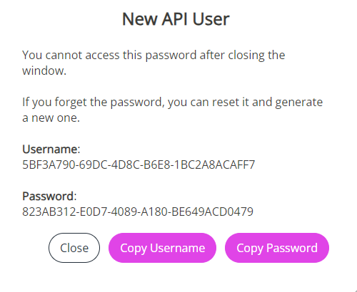 The API User screen showing the user credentials. 