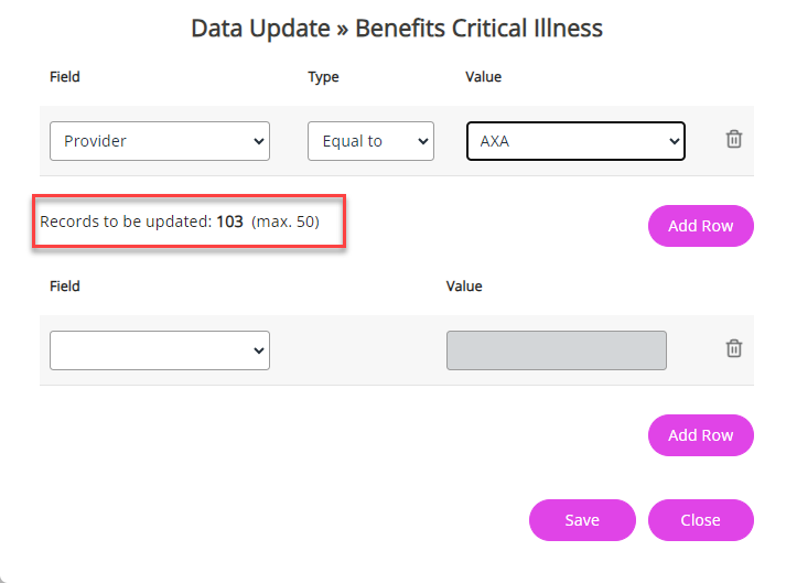 The Data Update screen showing how many records will be updated 