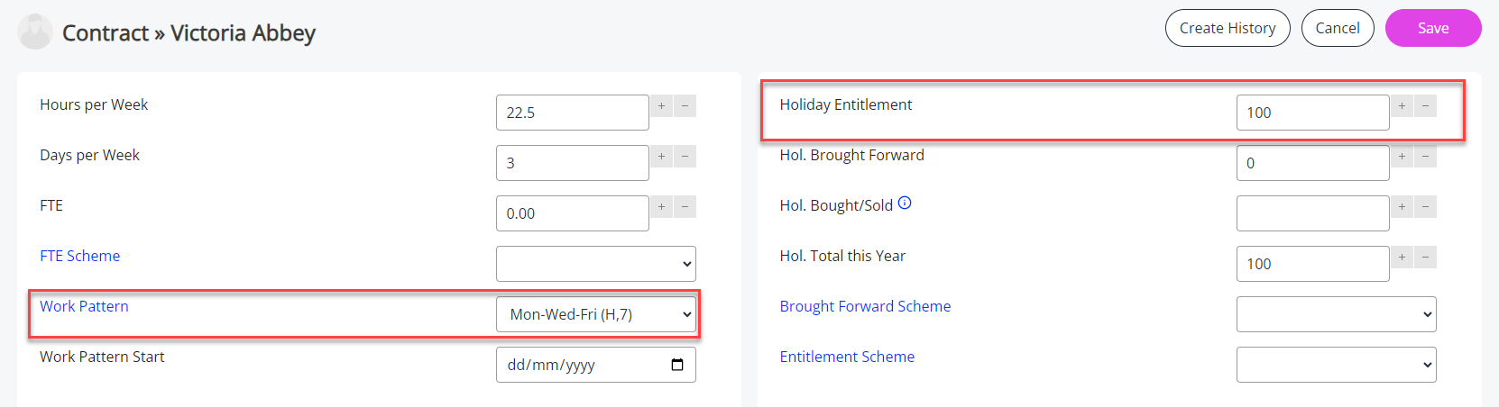 The Work Pattern and Holiday Entitlement fields in an employee's Contract tab. 