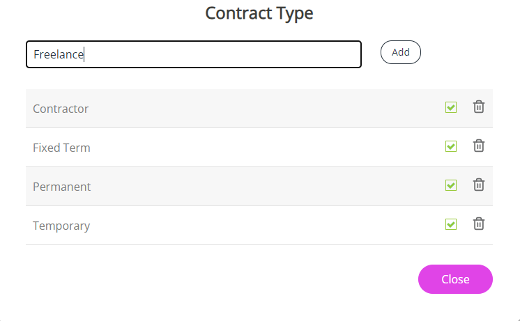 The screen to add additonal Contract Types. 