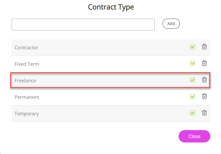 A list of Contract Types.