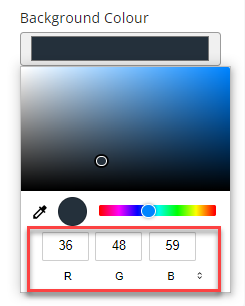 The Colour Palette showing the arrows for RGB, HSL and HEX codes. 
