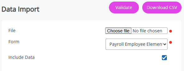 The Data Import screen fields. 