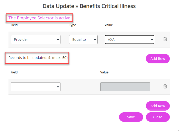 The Data Update screen with the Employee Selector active 