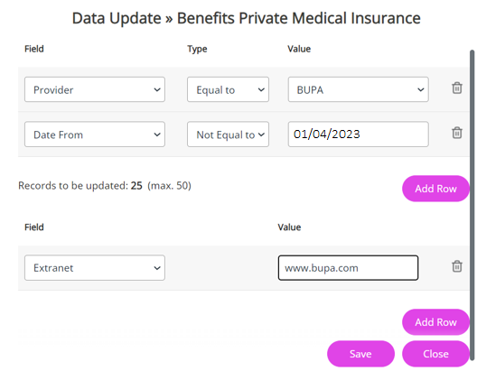 The Data Update screen which allows you to mass update active Benefit records. 