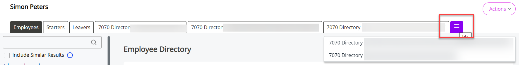 The 3-line menu in Directories, showing more tabs. 