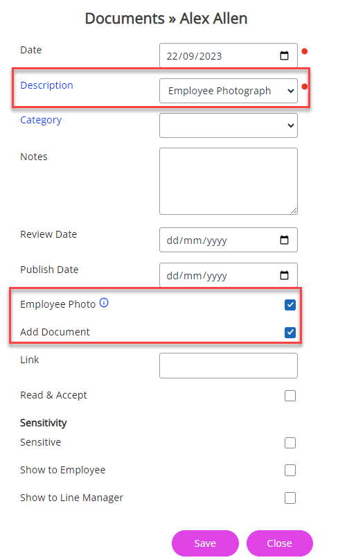 The Documents form showing the relevant fields to add an employee photo.