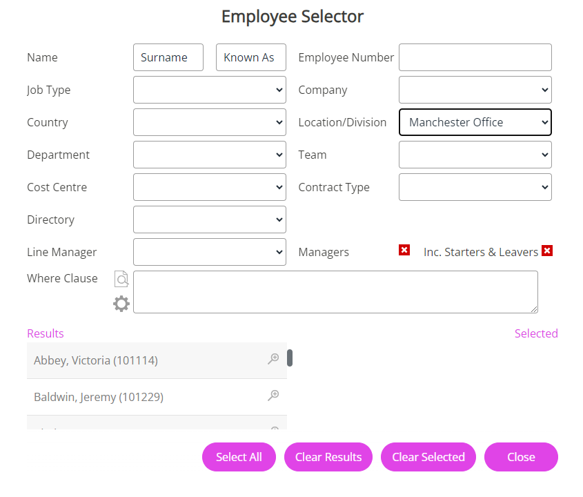 The Employee Selector screen fields.