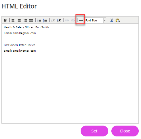 The Insert Horizontal Line option on the HTML Editor screen. 