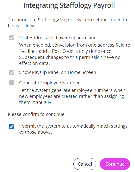 The Integrating Staffology Payroll screen.