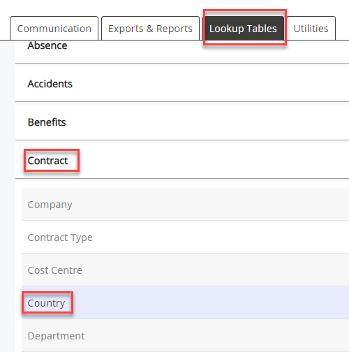 The Country option shown in Lookup Tables > Contract. 