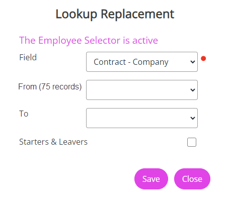 The Lookup Replacement screen with Contract - Company chosen from the Field drop-down.