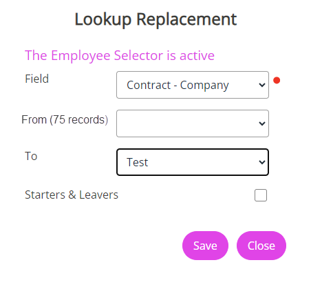 The Lookup Replacement screen showing the To drop-down populated.