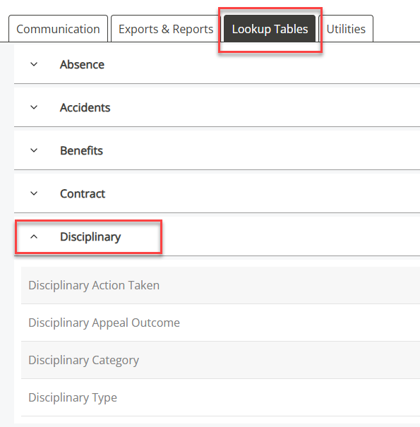 The Dsiciplinary menu item in Lookup Tables. 