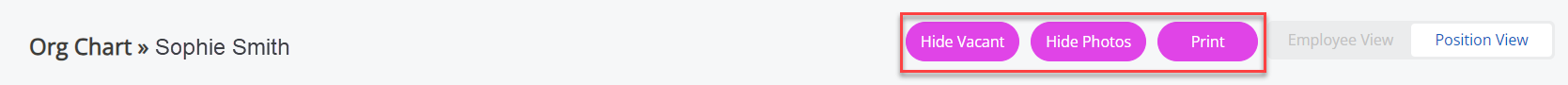 The Hide Vacant, Hide Photos and Print buttons shown in the Org Chart. 