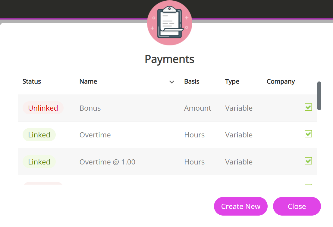 A table showing the Payments created