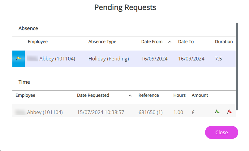 The Pending Requests screen. 