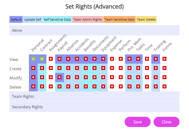 The Personal and Contract checkboxes in Advanced Set Rights.