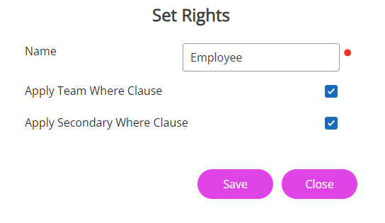 The Set Rights screen to create a role. 