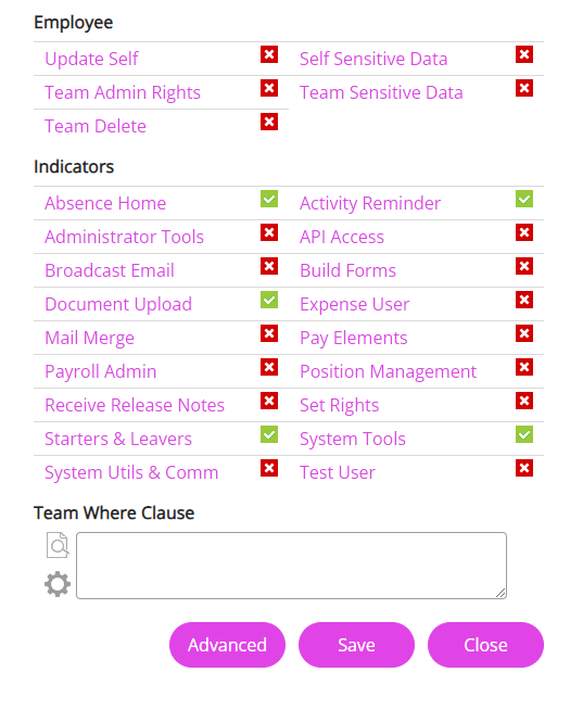 The Set Rights screen.