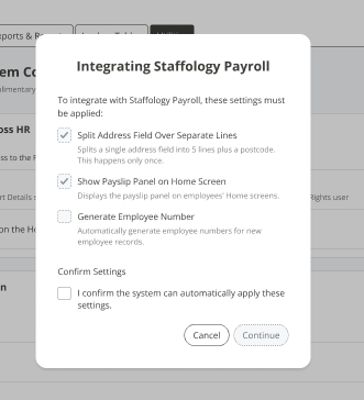 The Integrating Staffology Payroll pop-up.
