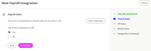 The Payroll Data screen when you choose to add Payroll employees to HR.