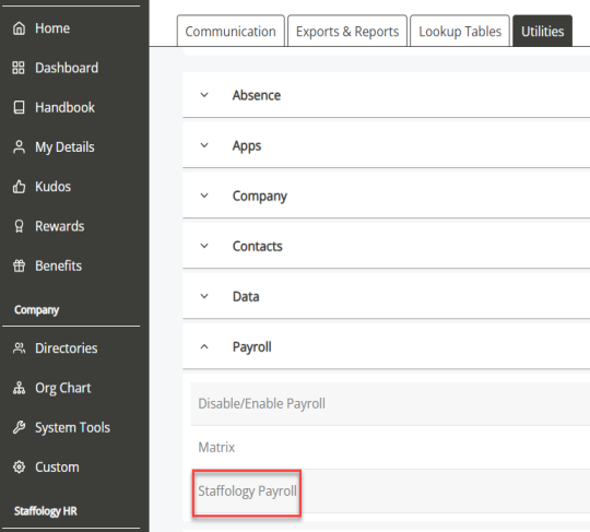 The Staffology Payroll menu option.