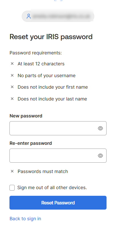 The screen to reset password. 