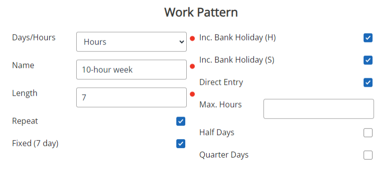 The fields displayed on the Work Patttern screen. 