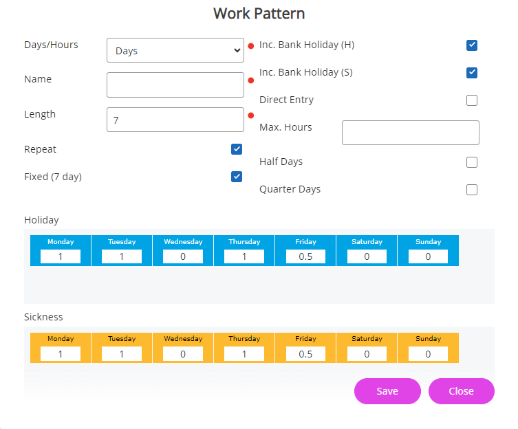 An example Days Work Pattern.