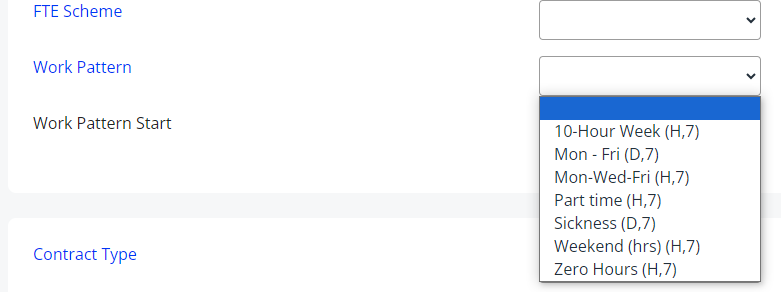 The Work Pattern drop-down in the Contract tab. 