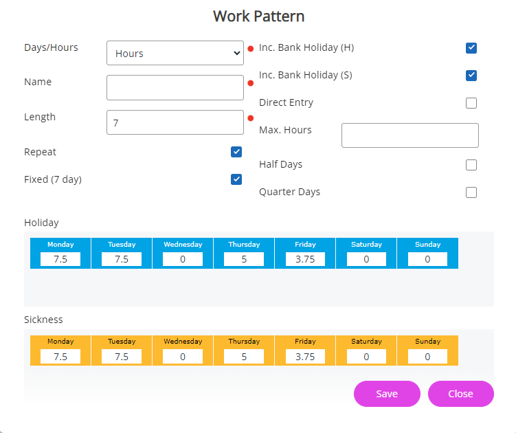 An example of an hours-based Work Pattern. 