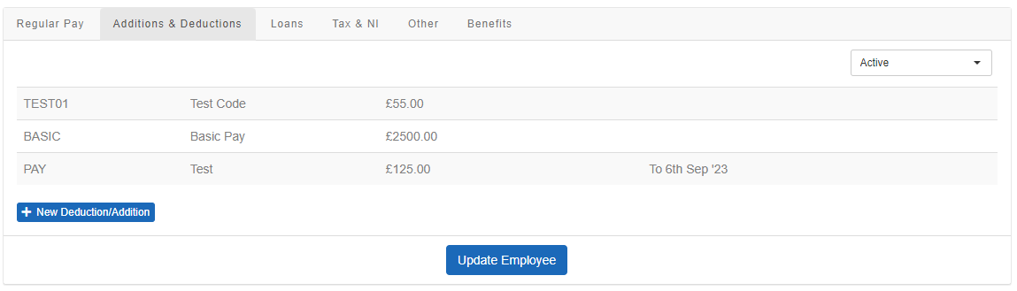 the additions and deductions screen in Employee Pay Options