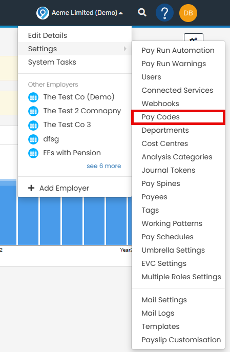 Company Name > Settings > Pay Codes
