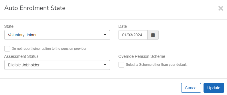 screen showing Employee Auto Enrolment status