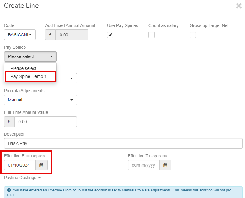 Image showing a pay line for pay spines with an effective from date and the required pay spine