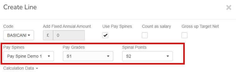 Image showing an example pay line with a selected pay spine, grade and point for the employee.