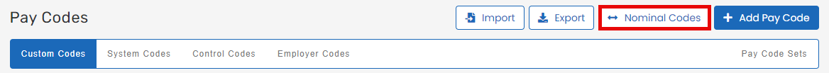 Image highlighting the nominal code button in the pay code settings.