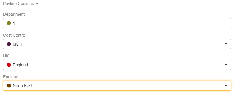 Example payline costings screen in the employee record