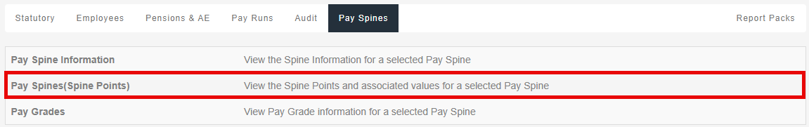 Image showing pay spine reports with Pay Spines(Spine Points) selected