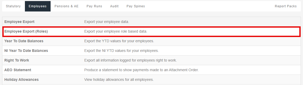 The Employee Reports screen with Employee Export report highlighted